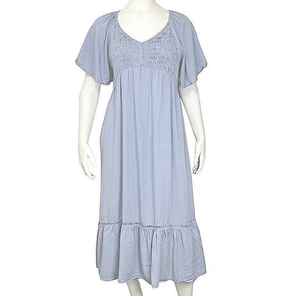 Heyson Blue Boho Midi Dress L Smocked Empire Waist Ruffle Hem Flowy Cottagecore - Picture 1 of 12